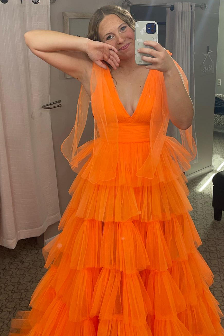 FancyVestido Bow Straps Orange V Neck Ruffled Tulle Long Prom Dress with Slit Fuchsia US 14