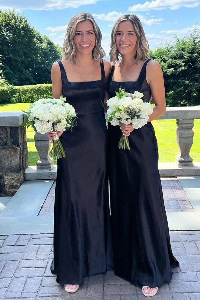 Elegant Square Neck Black Long Bridesmaid Dress – FancyVestido