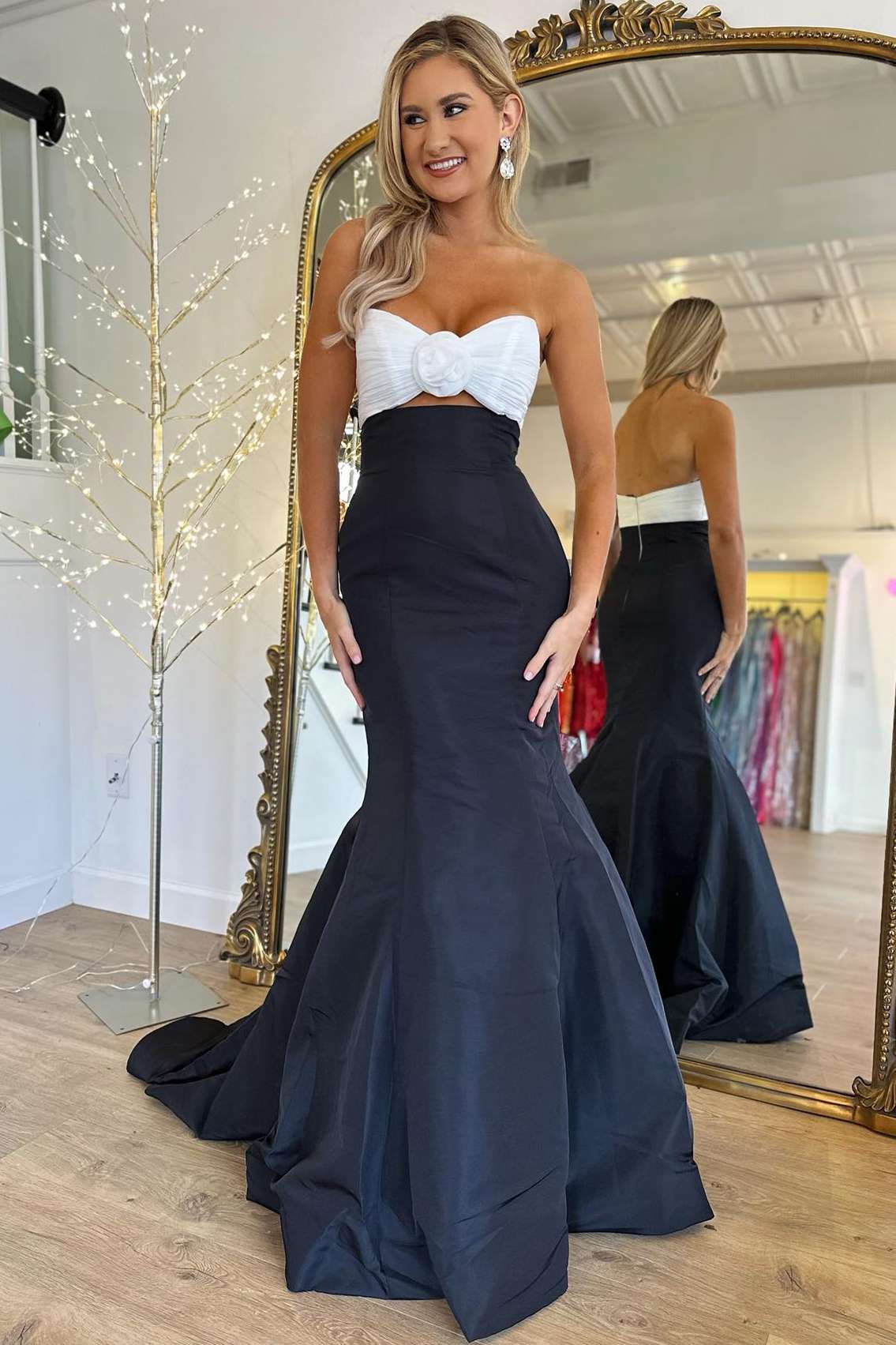 Strapless White and Black Ruched Mermaid Prom Dress