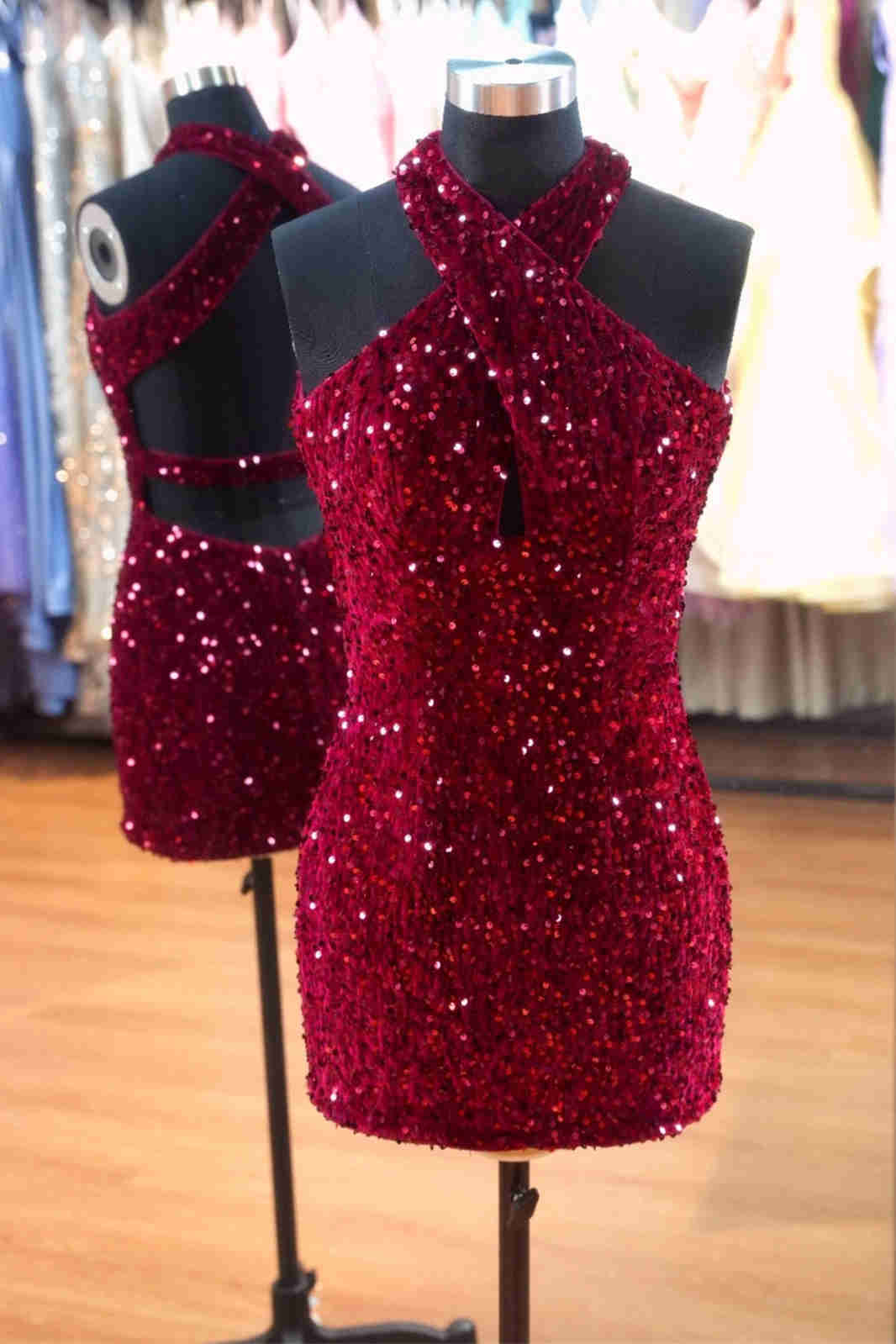 Halter Cross Straps Burgundy Sequin Mini Dress-Fancyvestido – FancyVestido