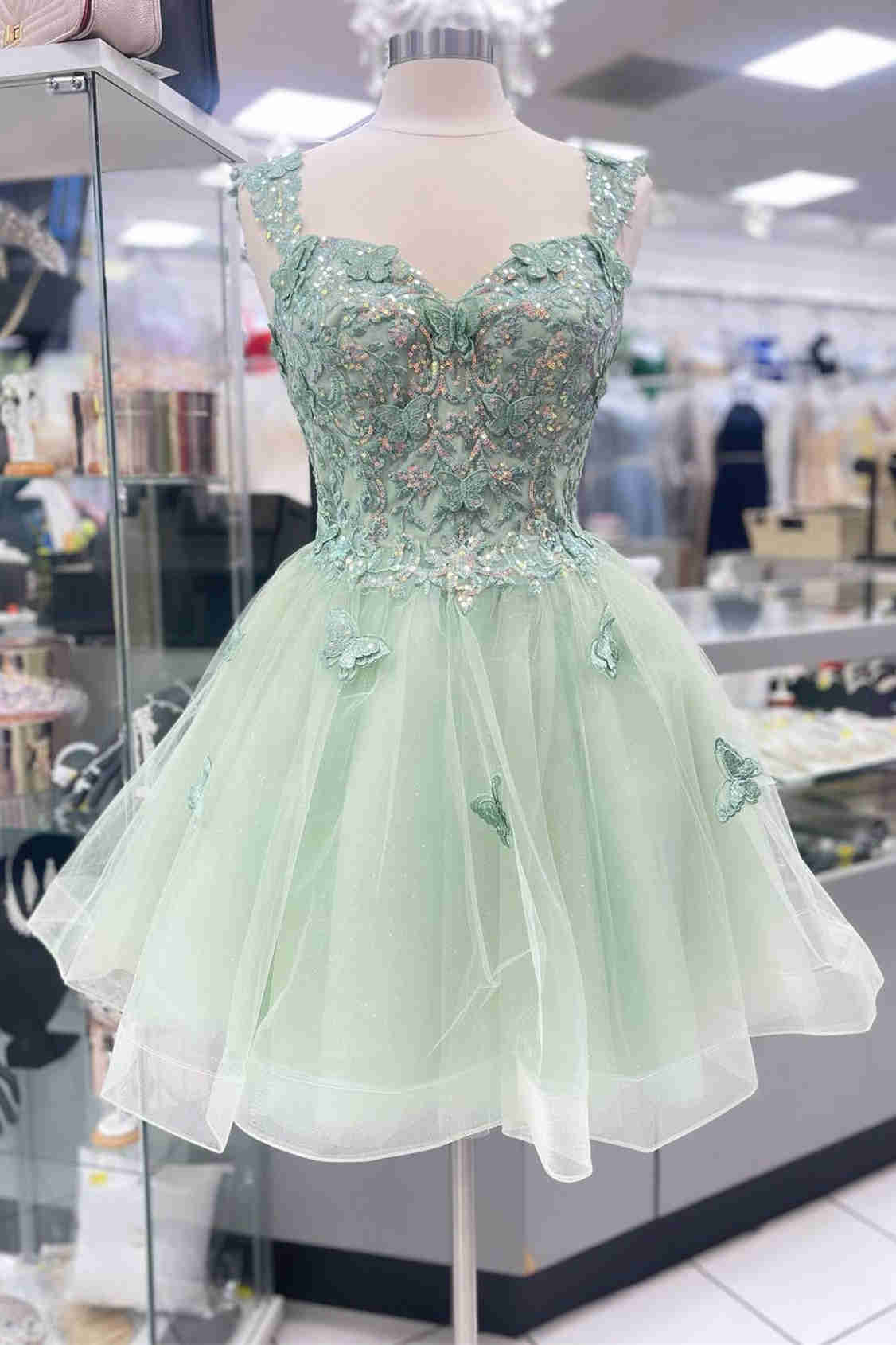 A-Line Lace-Up Sage Green Short Homecoming Dress with Appliques
