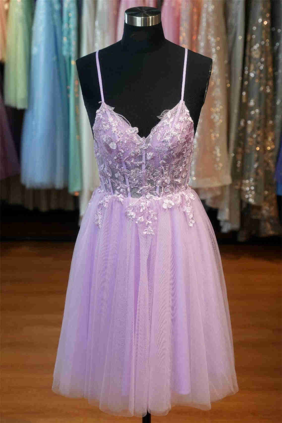 Lavender V Neck Lace Appliques Short Homecoming Dress Fancyvestido FancyVestido