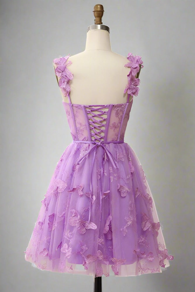 Square Neck Lilac Butterfly Appliques Short Homecoming Dress