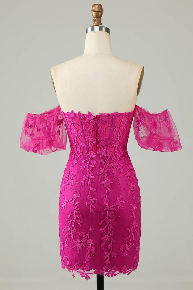 Off-Shoulder Fuchsia Appliques Bodycon Homecoming Dress