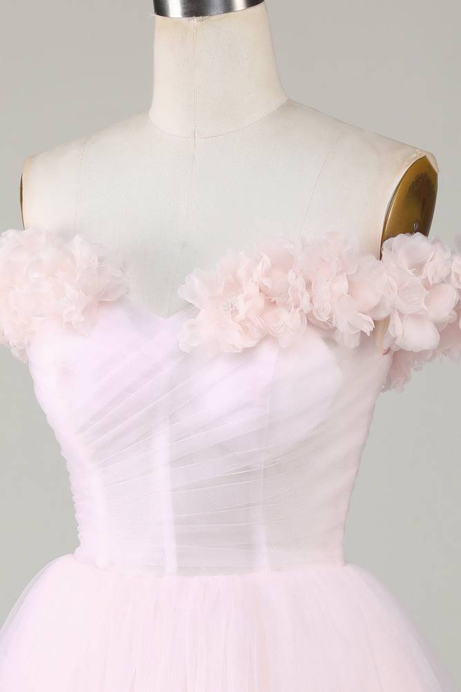 Off the Shoulder Pink 3D Floral Short Party Dress