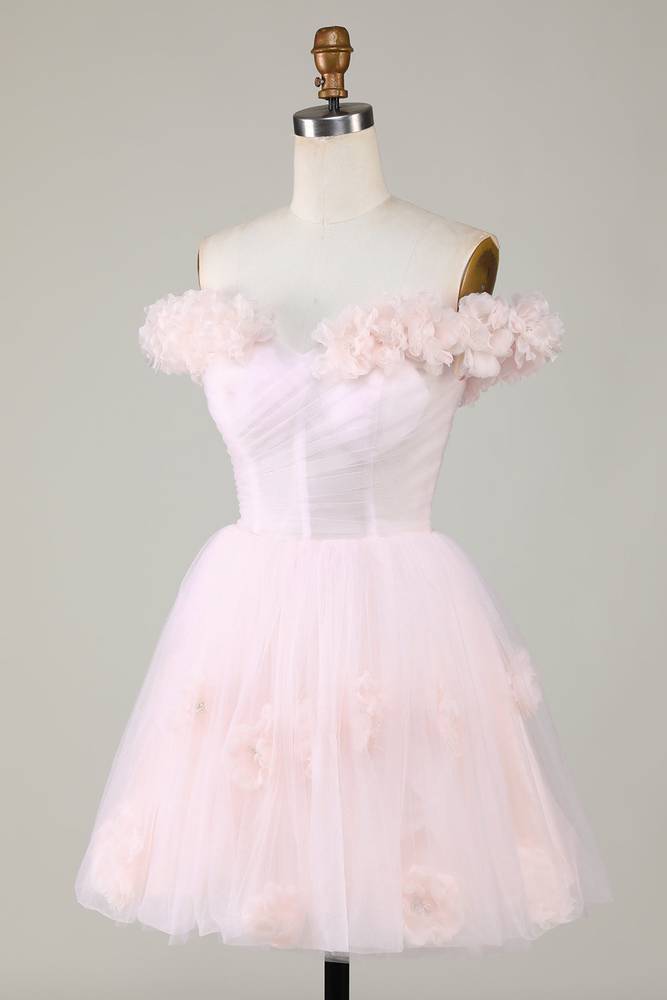 Off the Shoulder Pink 3D Floral Short Party Dress