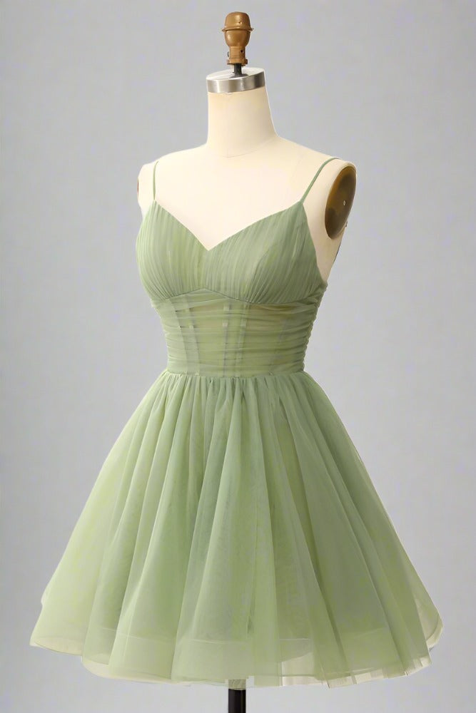 A-Line V-Neck Sage Green Pleated Short Homecoming Dress