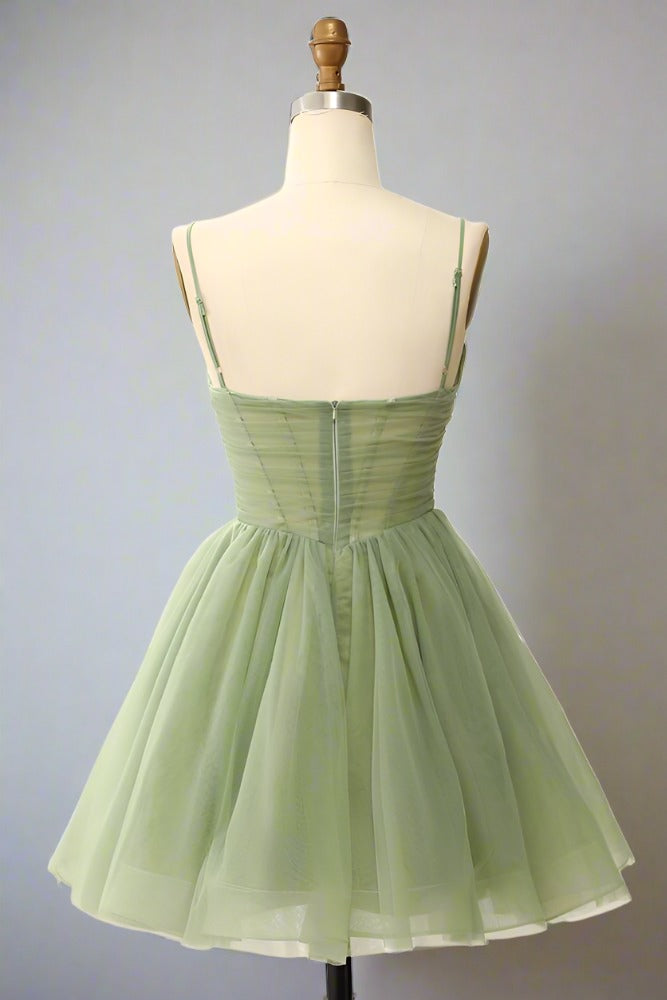 A-Line V-Neck Sage Green Pleated Short Homecoming Dress