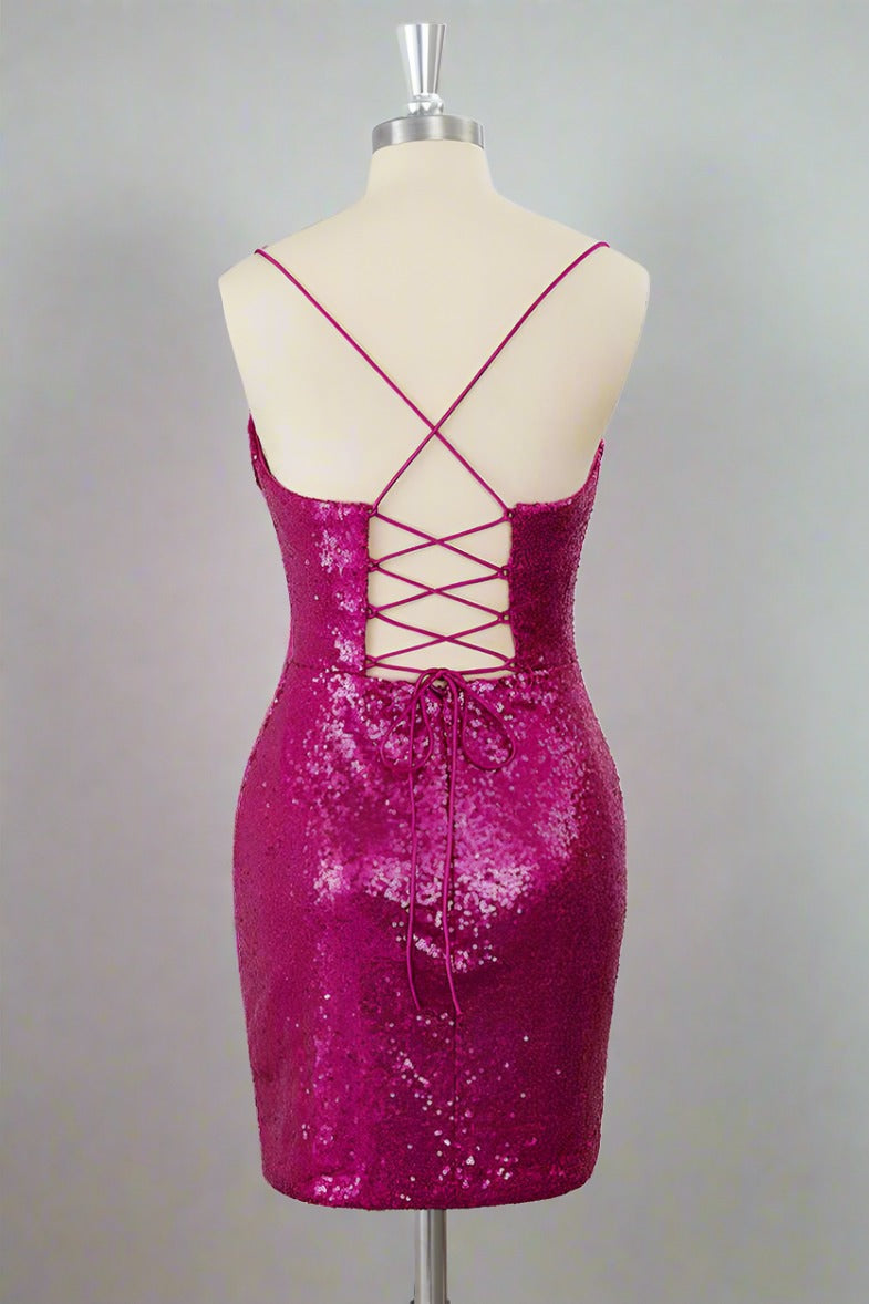 Straps Fuchsia Sequin Bodycon Homecoming Dress