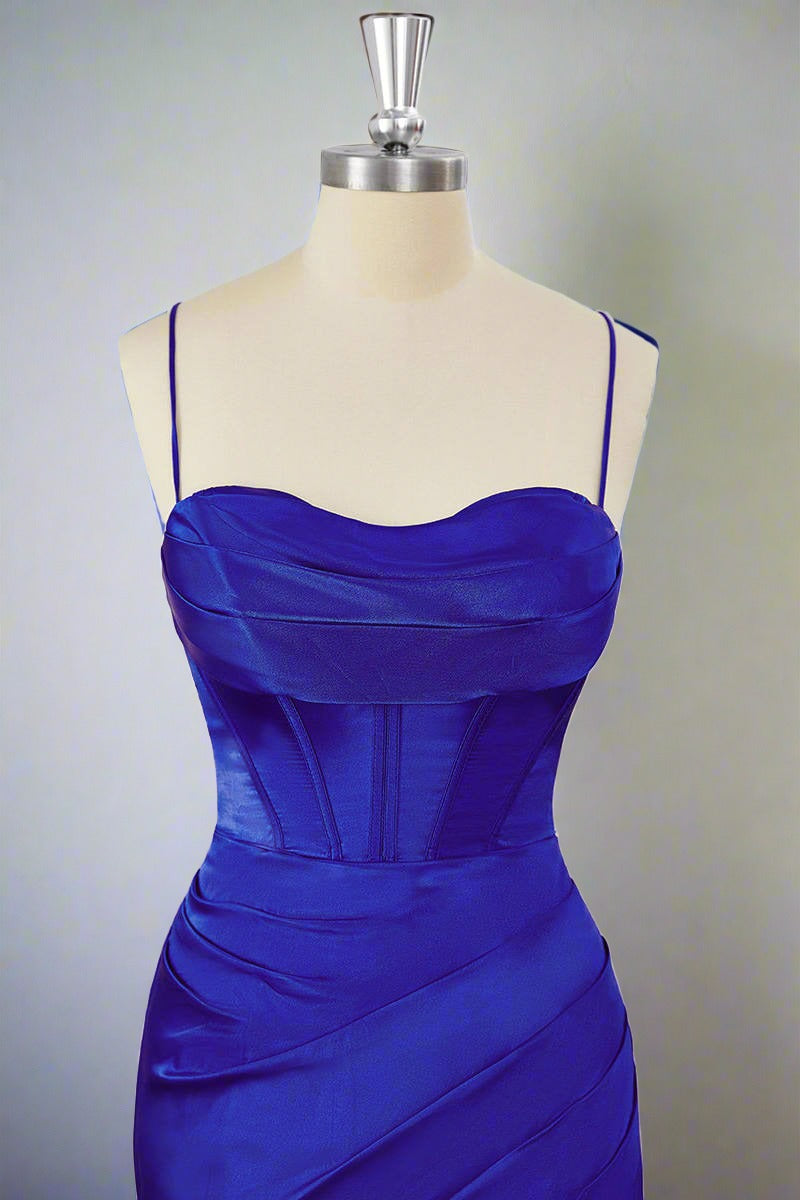 Straps Royal Blue Pleated Bodycon Homecoming Dress