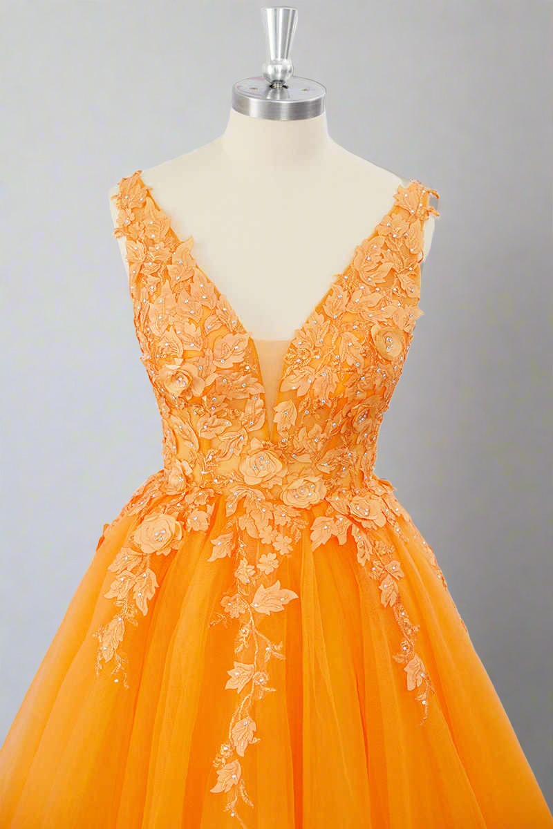 V-Neck Orange 3D Floral A-Line Short Homecoming Dress