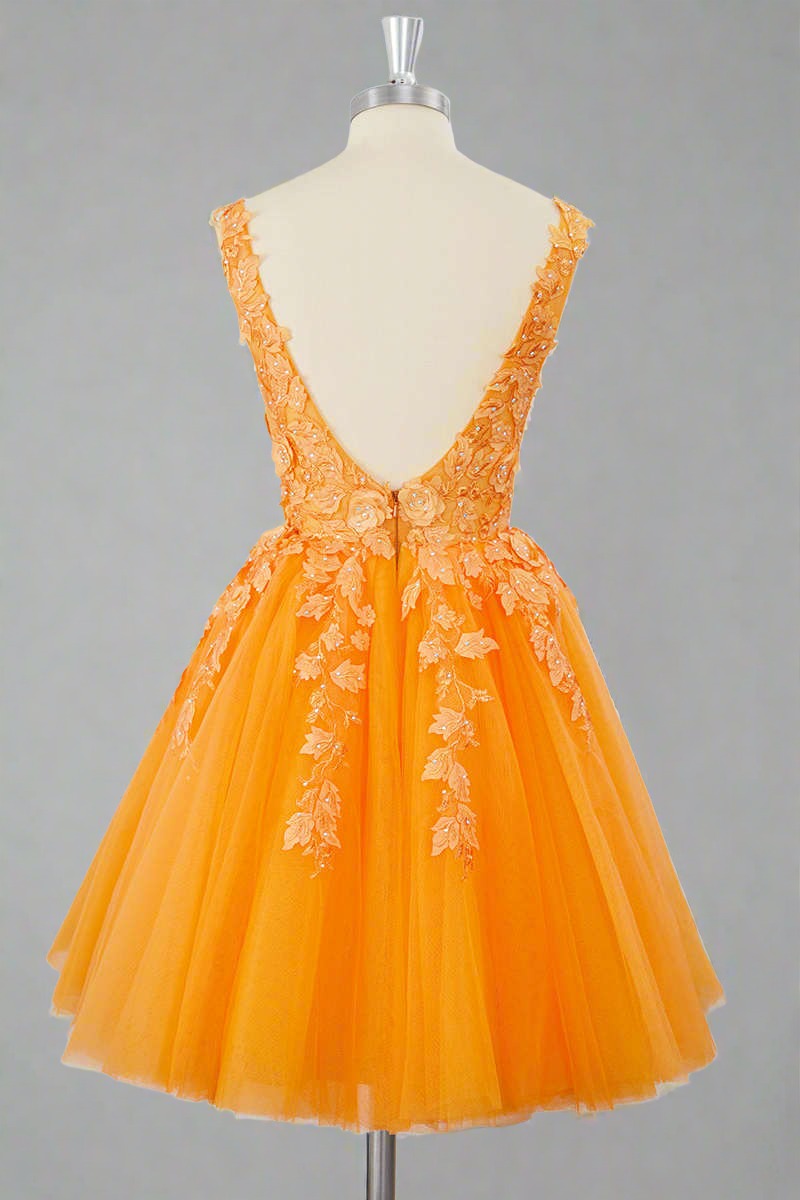 V-Neck Orange 3D Floral A-Line Short Homecoming Dress