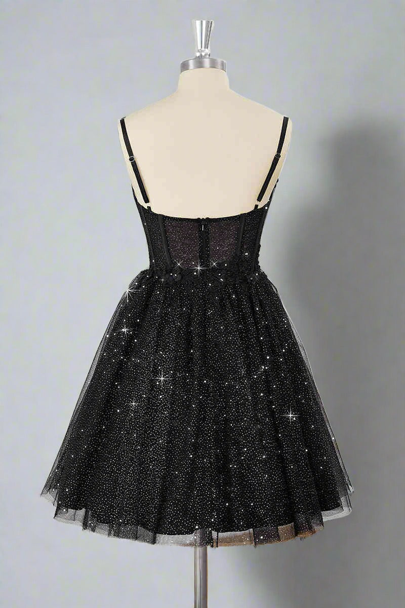 Straps Black Corset A-Line Tulle Homecoming Dress