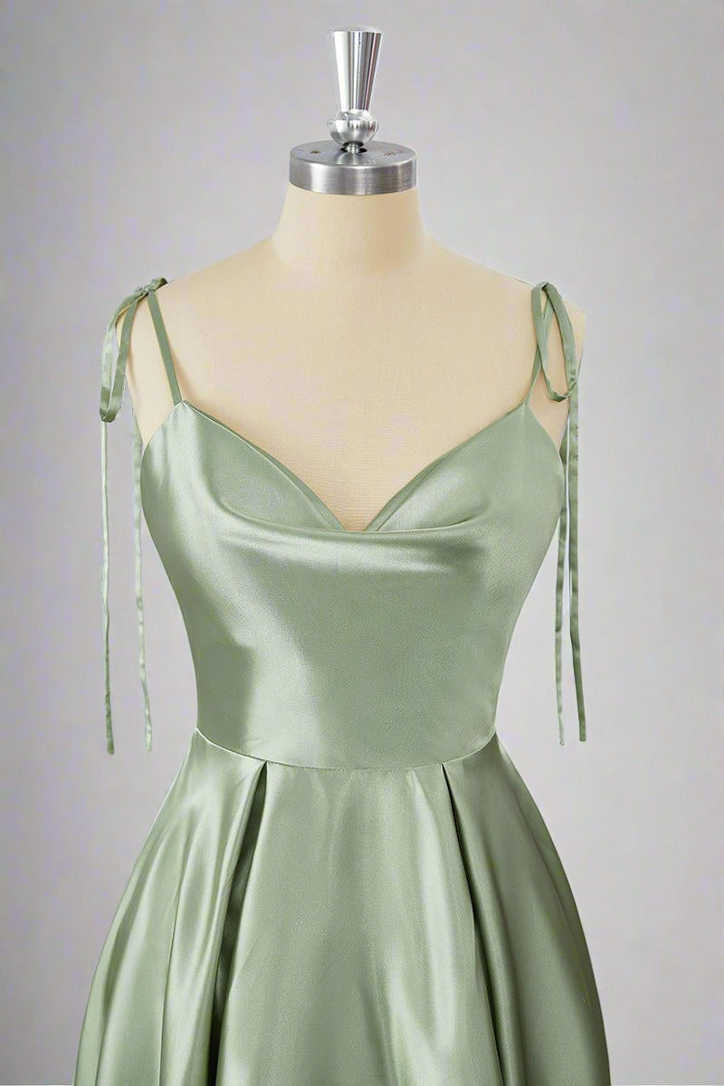 Tie Shoulder Sage Green Cowl Neck A-Line Short Party Dress