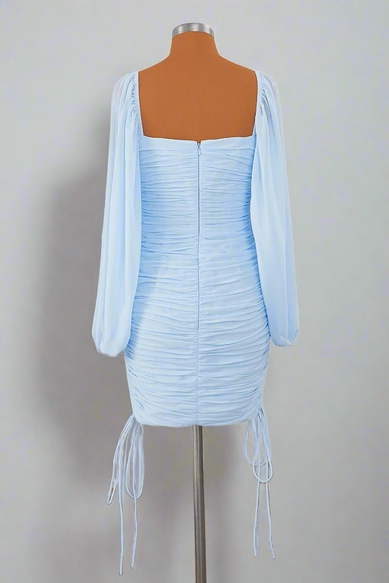 Square Neck Light Blue Long Sleeves Pleated Mini Dress