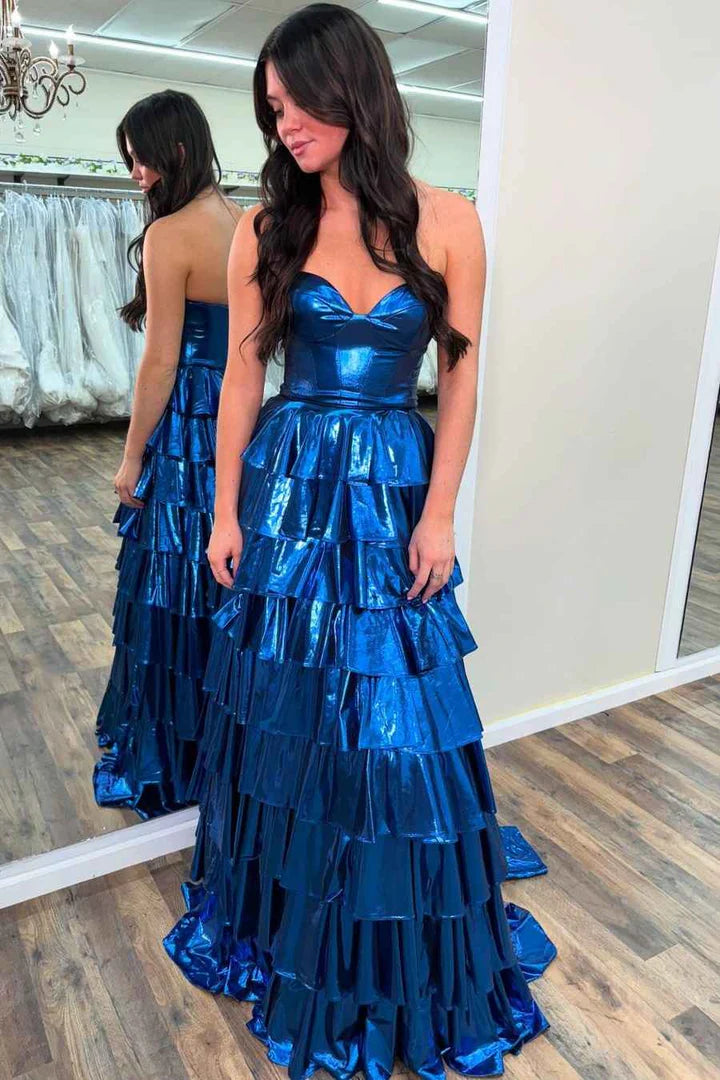 Metallic A-Line Sweetheart Ruffle Tiered Long Prom Dress