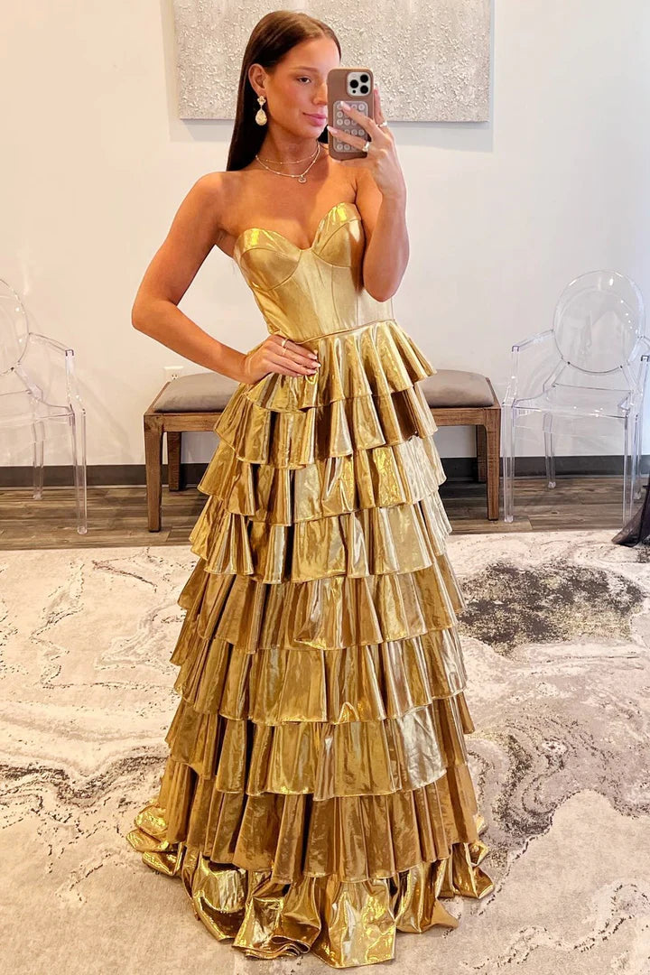 Metallic A-Line Sweetheart Ruffle Tiered Long Prom Dress