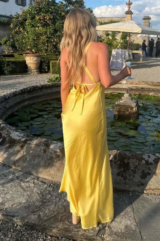 Yellow Straps V-Neck Slit Maxi Bridesmaid Dress with Lace-up