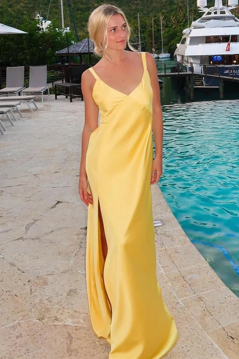 Yellow Straps V-Neck Slit Maxi Bridesmaid Dress with Lace-up