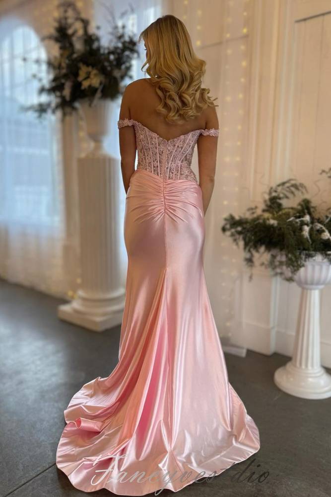 Pink Applique Slit Mermaid Prom Dress with Off Shoulder