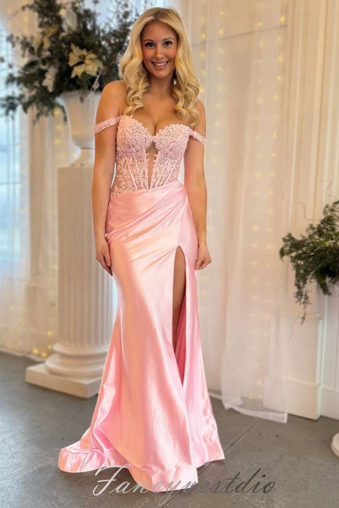 Pink Applique Slit Mermaid Prom Dress with Off Shoulder