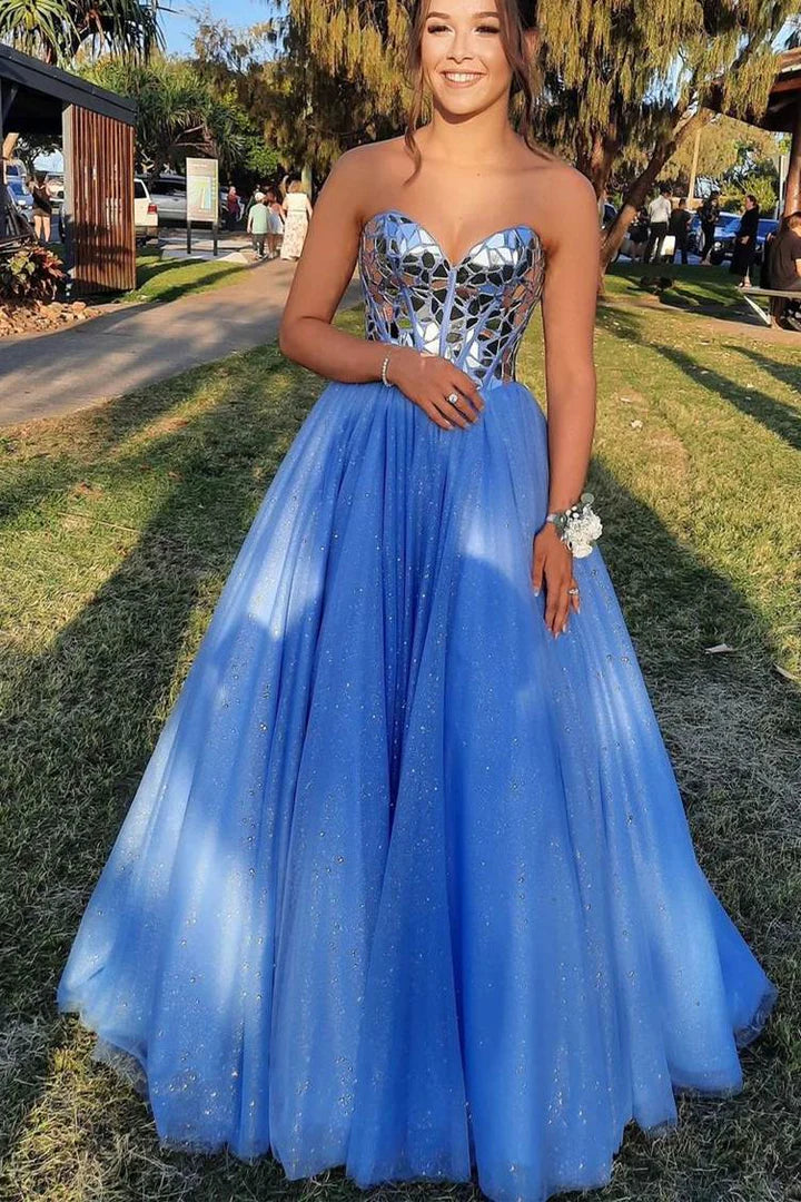 Sweetheart Sky Blue Mirror Sequin A-Line Prom Dress