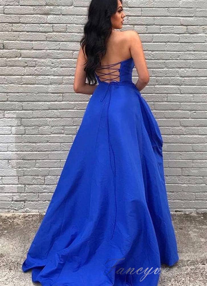 Sweetheart Blue Satin A-Line Prom Dress with Pleated Slit