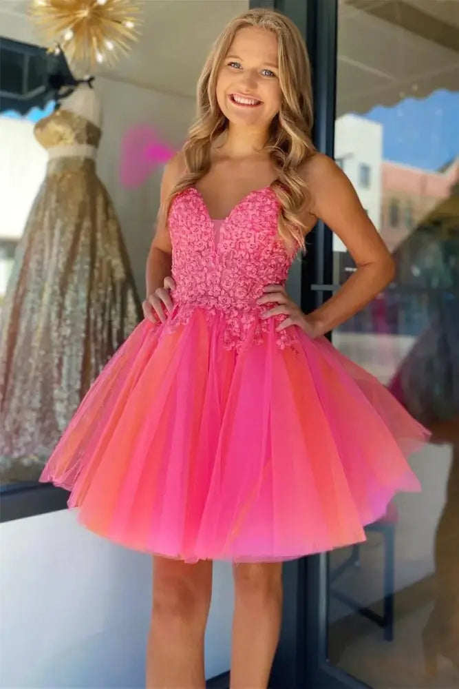 Hot Pink Spaghetti Straps Applique A-line Homecoming Dress