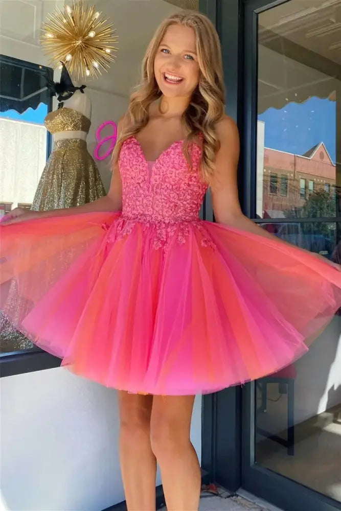 Hot Pink Spaghetti Straps Applique A-line Homecoming Dress