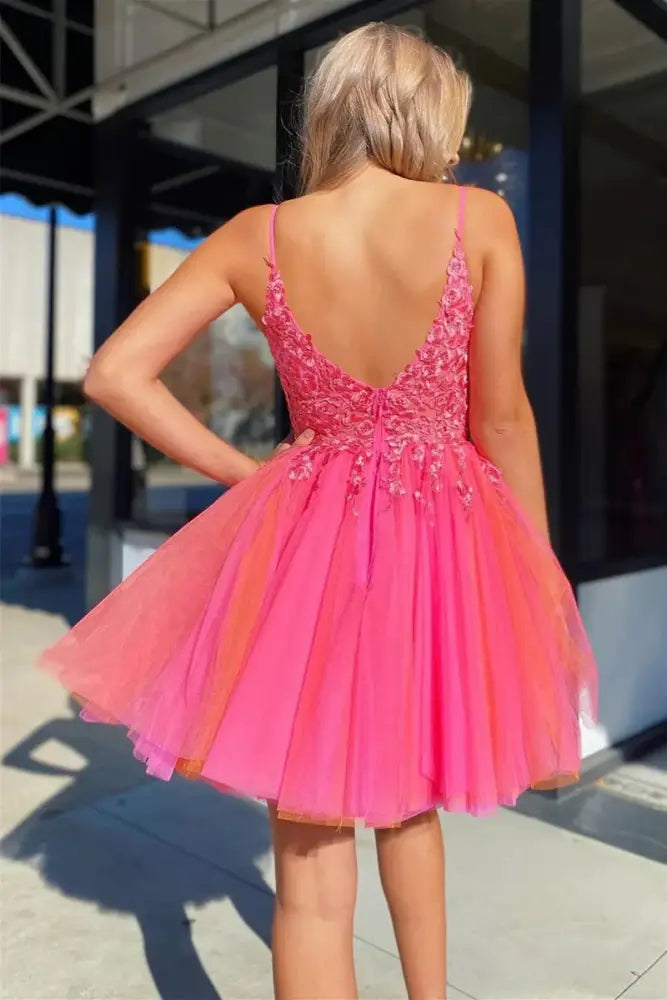 Hot Pink Spaghetti Straps Applique A-line Homecoming Dress