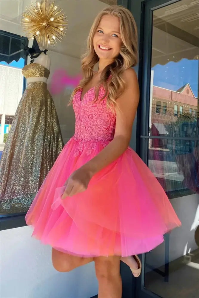 Hot Pink Spaghetti Straps Applique A-line Homecoming Dress