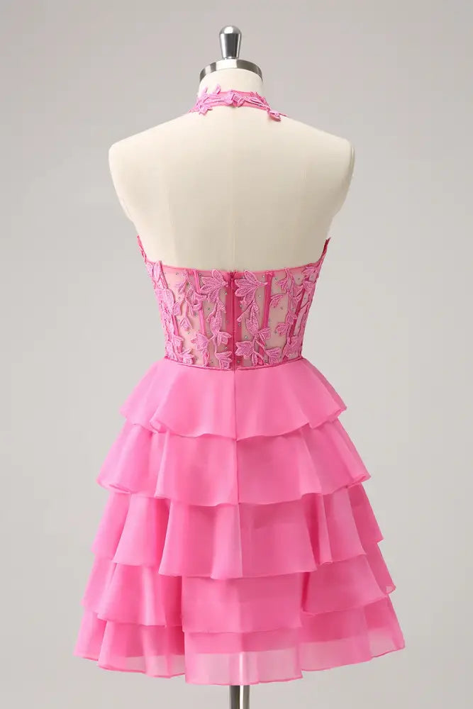 Hot Pink Halter Applique A-line Ruffle Homecoming Dress