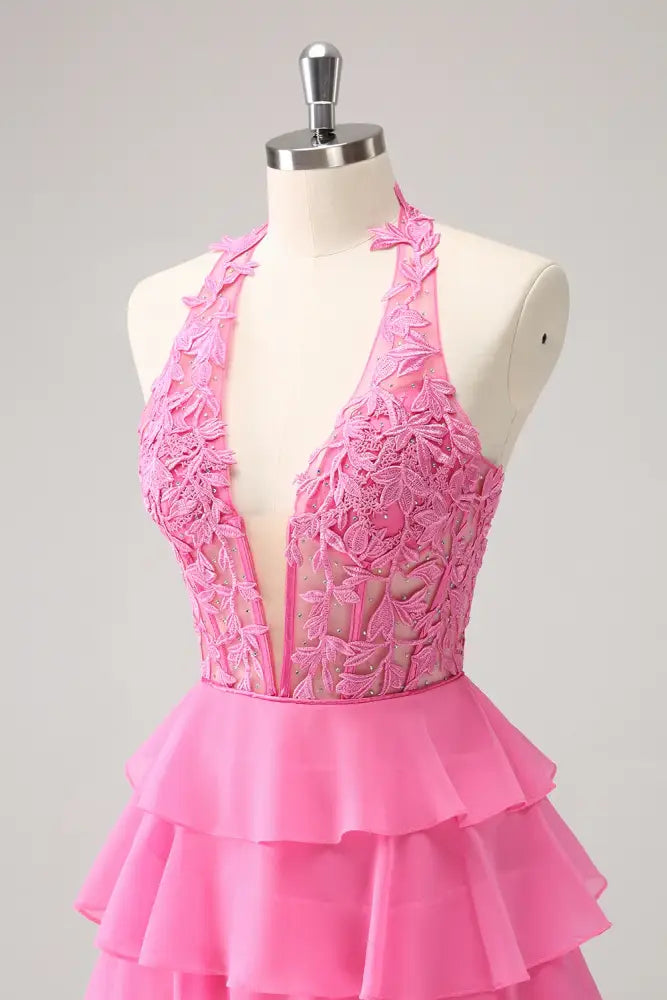 Hot Pink Halter Applique A-line Ruffle Homecoming Dress