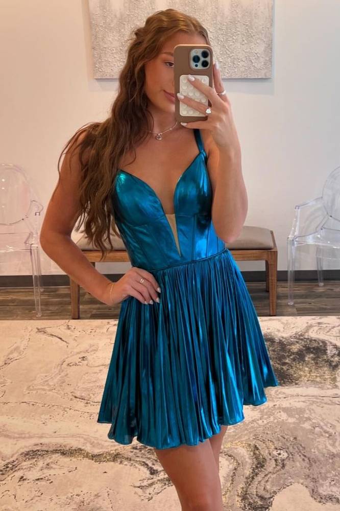 Blue Plunging Neck Metallic A-line Homecoming Dress