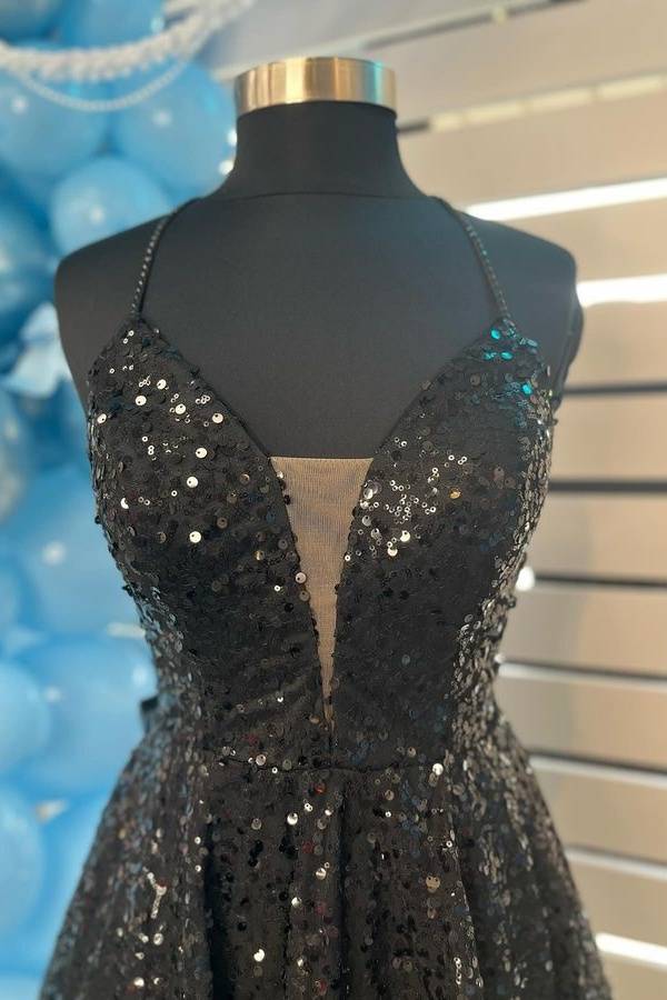 Spaghetti Straps Black Sequin Homecoming Dress with Bow