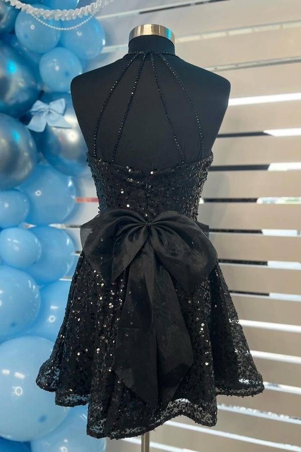 Spaghetti Straps Black Sequin Homecoming Dress with Bow