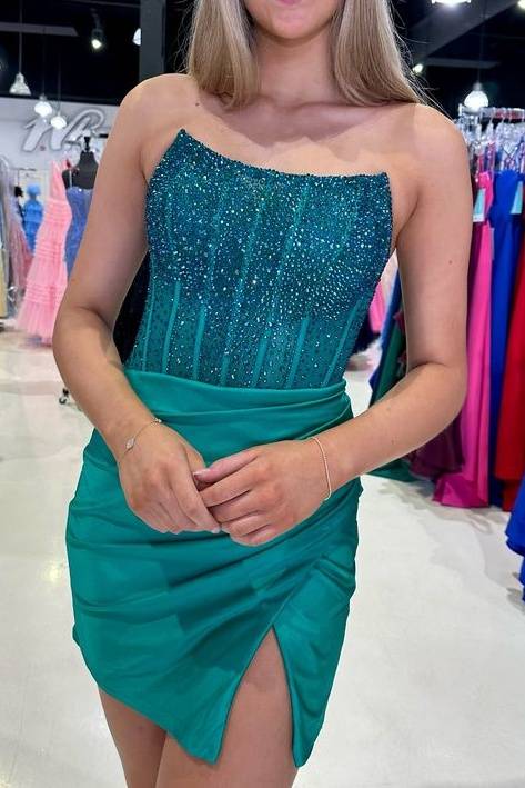 Strapless Green Beaded Homecoming Dress with Slit