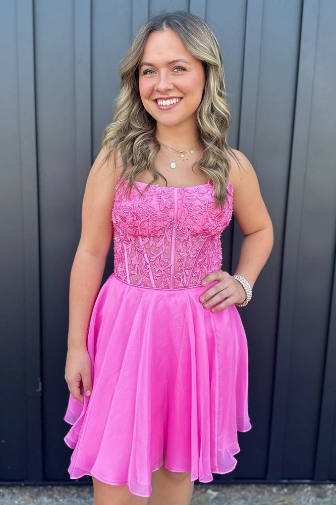 Strapless Hot Pink Applique Homecoming Dress