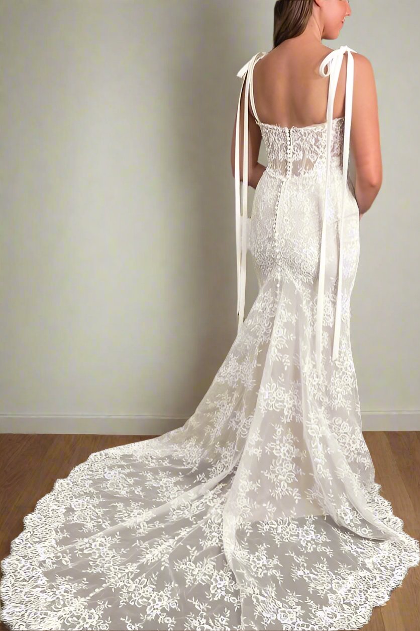 Lace Mermaid Wedding Dress with Bow Tie Straps 