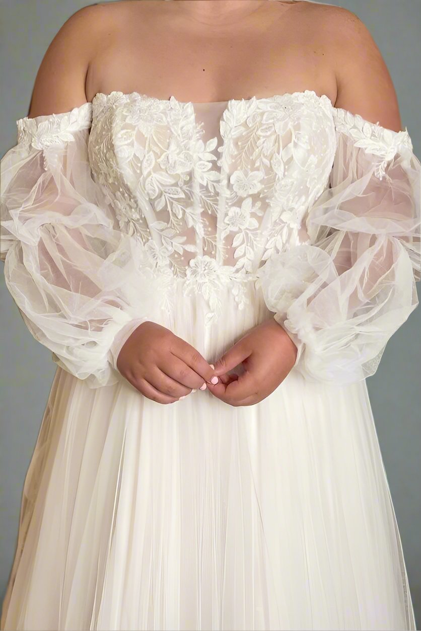 Off the Shoulder Applique Wedding Dress with Long Sleeves