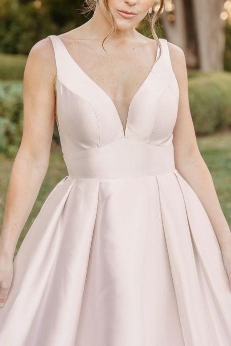 V-Neck Satin Wedding Dress with A-Line