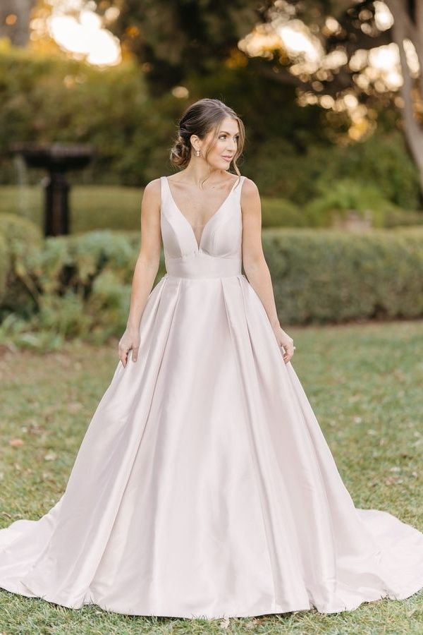 V-Neck Satin Wedding Dress with A-Line