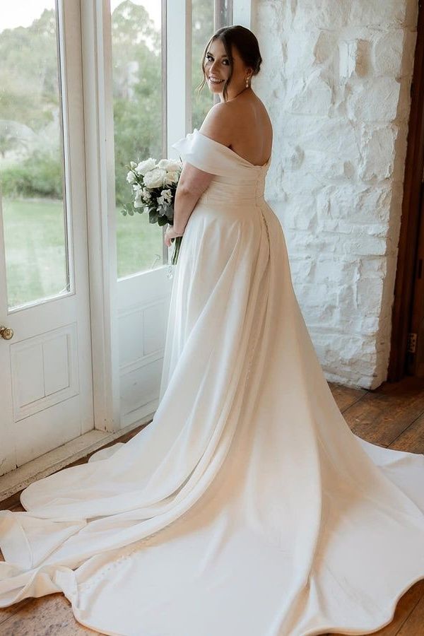  A-Line Satin Wedding Dress with Off the Shoulder