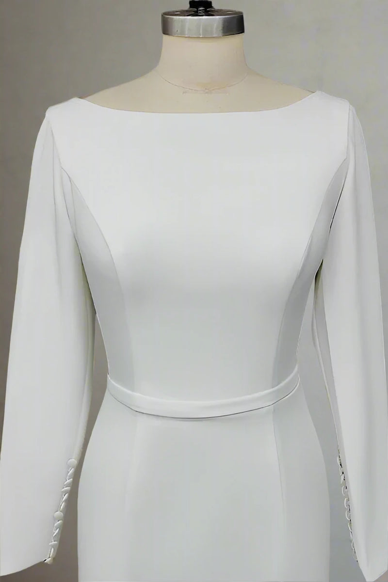 Long Sleeves Satin Wedding Dress with Crew-Neck