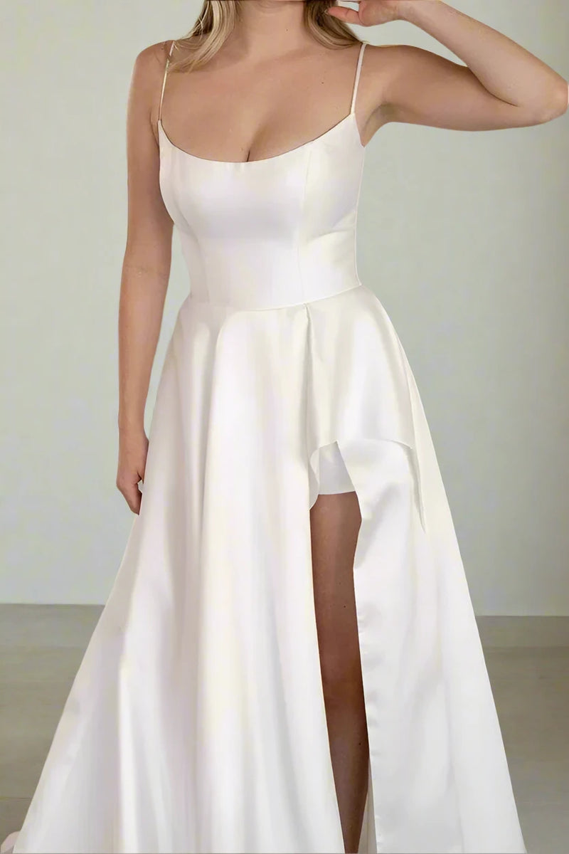 Scoop Neck Satin Wedding Dress with High Slit