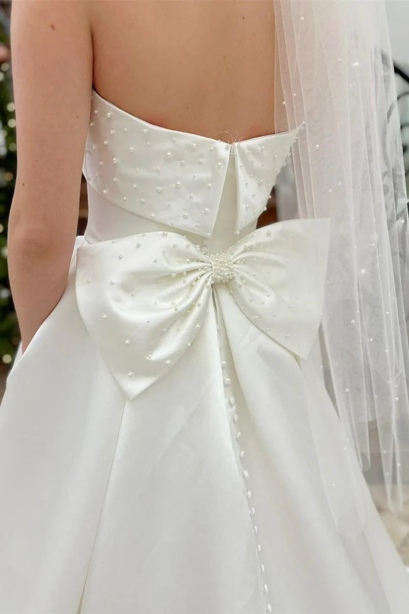 Strapless Pleated Wedding Dress with Bow