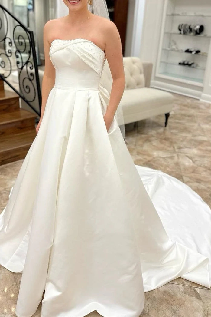 Strapless Pleated Wedding Dress with Bow