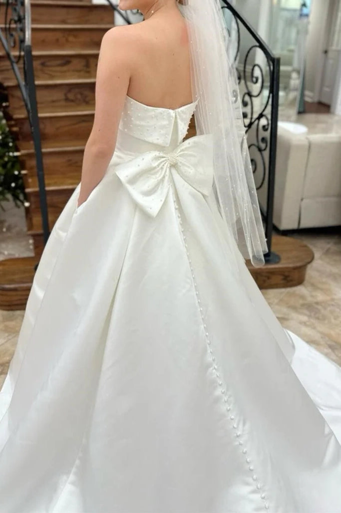 Strapless Pleated Wedding Dress with Bow