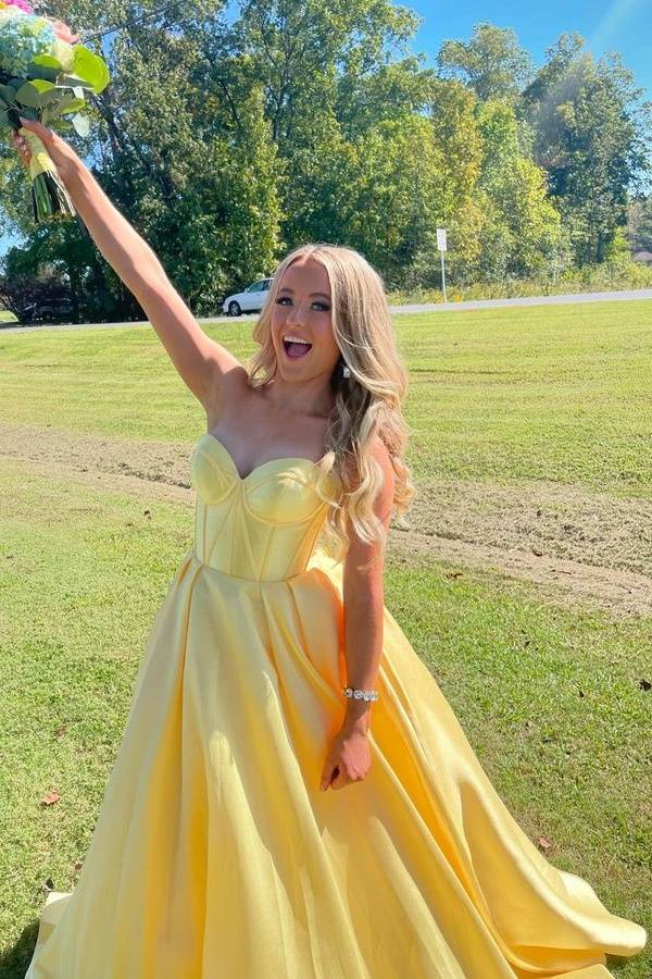 Yellow Sweetheart Corset A-Line Prom Dresses