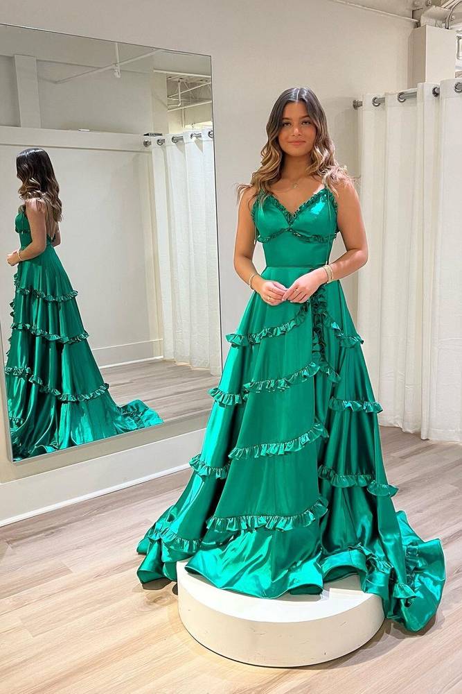 Green Straps A-Line Layere Long Prom Dress